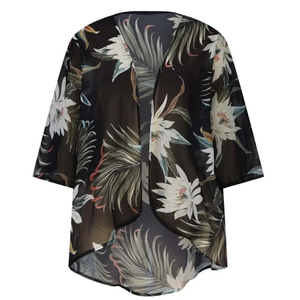 Tropical Floral Print Sheer Swim Cover-up Kimono Cardigan Topper Womens XL Beach